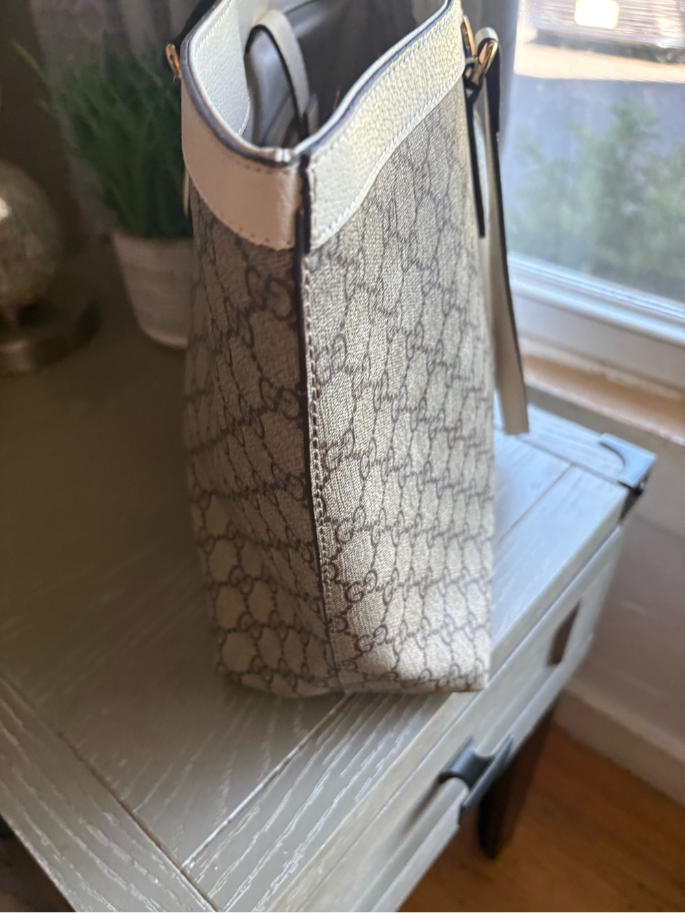 FASHION Beige Supreme Tote with Red & Blue Web Stripe and Cream Trim - Picture 10 of 10